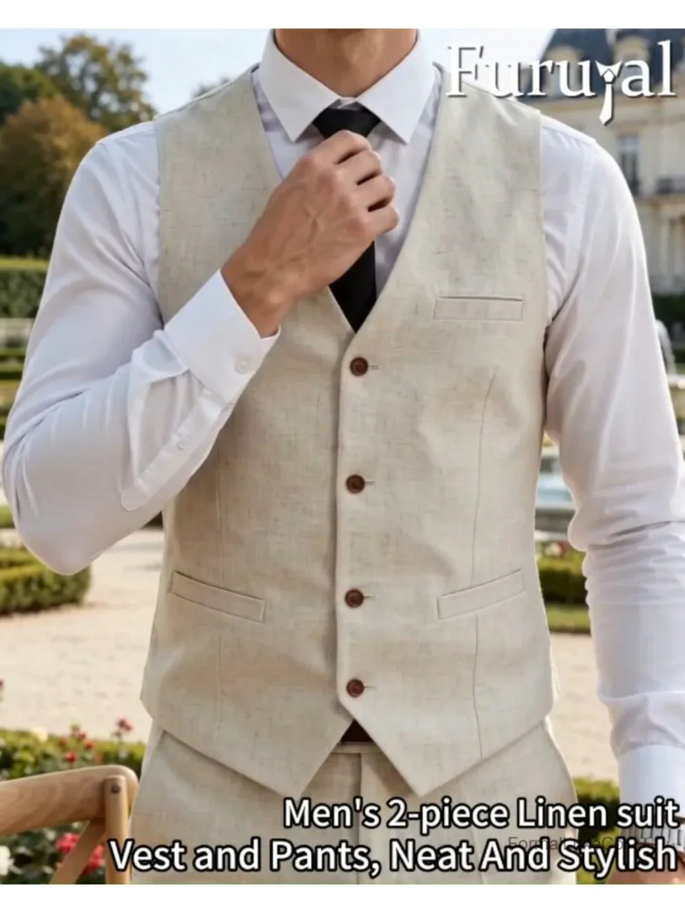 Mens Linen Suit Set - 2 Piece Vest and Pants Wedding Outfit